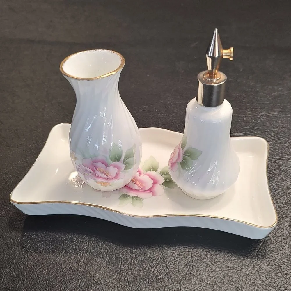 3 piece Porcelain Vanity Set (Tray, Vase, Perfume Automizer) - Picture 1 of 13
